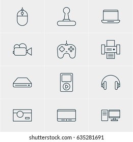 Vector Illustration Of 12 Accessory Icons. Editable Pack Of Photography, PC, Cursor Controller And Other Elements.