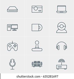 Vector Illustration Of 12 Accessory Icons. Editable Pack Of Dvd Drive, Video Chat, Memory Storage And Other Elements.