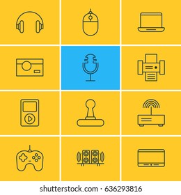 Vector Illustration Of 12 Accessory Icons. Editable Pack Of Cursor Controller, Monitor, Photocopier And Other Elements.