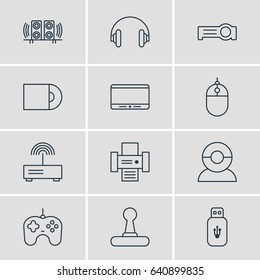 Vector Illustration Of 12 Accessory Icons. Editable Pack Of Dvd Drive, Video Chat, Game Controller And Other Elements.