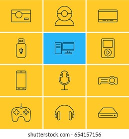 Vector Illustration Of 12 Accessory Icons. Editable Pack Of Floodlight, Sound Recording, Headset And Other Elements.