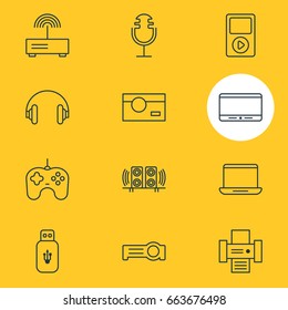 Vector Illustration Of 12 Accessory Icons. Editable Pack Of Media Controller, Photography, Modem And Other Elements.