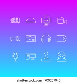 Vector Illustration Of 12 Accessory Icons. Editable Pack Of Sound Recording, PC, Game Controller And Other Elements.