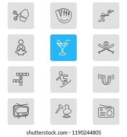 Vector illustration of 12 activities icons line style. Editable set of sculpting, crossword, cocktail and other icon elements.