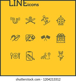 Vector illustration of 12 activities icons line style. Editable set of design, physics, beading and other icon elements.