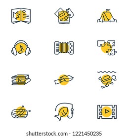 Vector illustration of 12 activities icons line style. Editable set of puzzle, knitting, fishing and other icon elements.