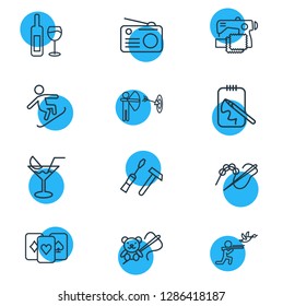 Vector illustration of 12 activities icons line style. Editable set of carpentry, making toy, archery and other icon elements.
