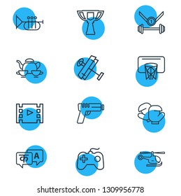 Vector illustration of 12 activities icons line style. Editable set of award cup, gun, sport and other icon elements.