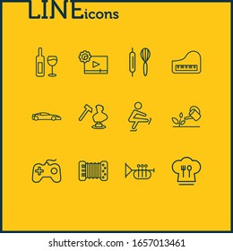 Vector illustration of 12 activities icons line style. Editable set of trumpet, game console, cooking and other icon elements.