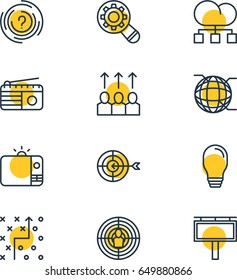 Vector Illustration Of 12 Ad Icons. Editable Pack Of Aiming, Advertising Billboard, Analysis And Other Elements.