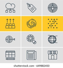 Vector Illustration Of 12 Ad Icons. Editable Pack Of Shop, Goal, Discount Label And Other Elements.