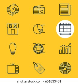 Vector Illustration Of 12 Ad Icons. Editable Pack Of Aiming, Daily Press, Schedule And Other Elements.