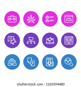 Vector illustration of 12 advertisement icons line style. Editable set of link building, jobs open, traffic analyze and other icon elements.