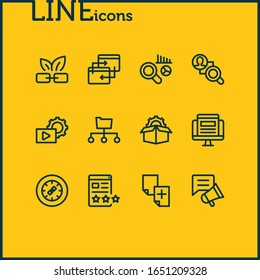 Ilustración vectorial de 12 iconos de publicidad estilo de línea. Conjunto editable de análisis de mercado, paquetes de servicio, rueda de enlace y otros elementos de icono.
