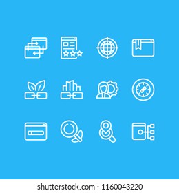 Vector illustration of 12 advertising icons line style. Editable set of page quality, domain registration, SEO consulting and other icon elements.