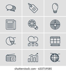 Vector Illustration Of 12 Advertising Icons. Editable Pack Of Discussing, Statistics, Cloud Distribution And Other Elements.