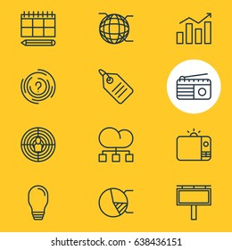 Vector Illustration Of 12 Advertising Icons. Editable Pack Of Circle Diagram, Schedule, Discount Label And Other Elements.
