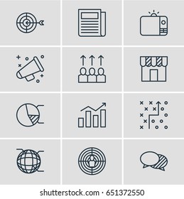 Vector Illustration Of 12 Advertising Icons. Editable Pack Of Circle Diagram, Aiming, Discussing And Other Elements.