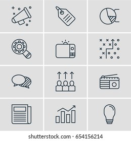Vector Illustration Of 12 Advertising Icons. Editable Pack Of Lamp, Advancement, Analysis And Other Elements.