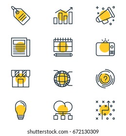 Vector Illustration Of 12 Advertising Icons. Editable Pack Of Television, Network, Tactical Plan And Other Elements.