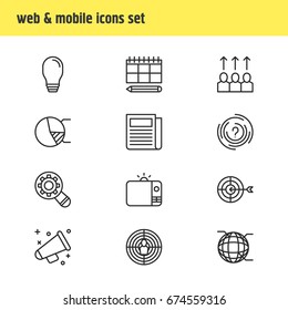 Vector Illustration Of 12 Advertising Icons. Editable Pack Of Daily Press, Advancement, Lamp And Other Elements.
