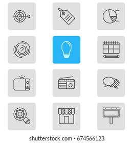 Vector Illustration Of 12 Advertising Icons. Editable Pack Of Goal, Fm Broadcasting, Discount Label And Other Elements.