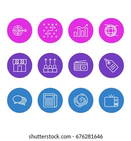 Vector Illustration Of 12 Advertising Icons. Editable Pack Of Discount Label, Shop, Discussing And Other Elements.