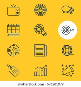 Vector Illustration Of 12 Advertising Icons. Editable Pack Of Announcement, Maze, Goal And Other Elements.