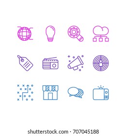 Vector Illustration Of 12 Advertising Icons. Editable Pack Of Lamp, Aiming, Network And Other Elements.