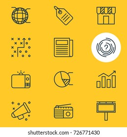 Vector Illustration Of 12 Advertising Icons. Editable Pack Of Fm Broadcasting, Daily Press, Announcement And Other Elements.