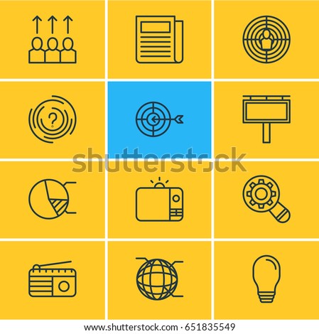 Vector Illustration Of 12 Advertising Icons. Editable Pack Of Goal, Advancement, Daily Press And Other Elements.
