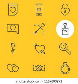 Vector illustration of 12 amour icons line style. Editable set of cake, flower, date and other icon elements.