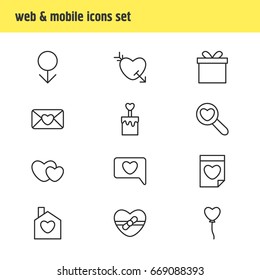 Vector Illustration Of 12 Amour Icons. Editable Pack Of Present , Gift , Candle Elements.