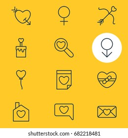 Vector Illustration Of 12 Amour Icons. Editable Pack Of Valentine , Candle , Decoration Elements.