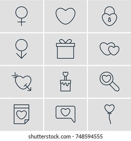 Vector Illustration Of 12 Amour Icons. Editable Pack Of Lock, Male, Valentine And Other Elements.