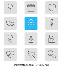 Vector Illustration Of 12 Amour Icons. Editable Pack Of Magnifier, Gift, Lock And Other Elements.