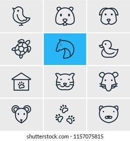 Vector illustration of 12 animal icons line style. Editable set of dog, hamster, pet and other icon elements.