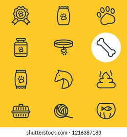 Vector illustration of 12 animal icons line style. Editable set of pet food, paw, transport box and other icon elements.