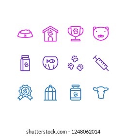 Vector illustration of 12 animal icons line style. Editable set of pet cup, fishbowl, kennel and other icon elements.
