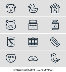 Vector illustration of 12 animal icons line style. Editable set of duck, kennel, fishbowl and other icon elements.