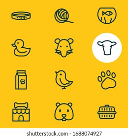 Vector illustration of 12 animal icons line style. Editable set of cow, transport box, duck and other icon elements.