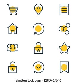 Vector illustration of 12 app icons line style. Editable set of location, unlock, star and other icon elements.