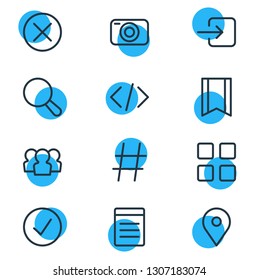 Vector illustration of 12 app icons line style. Editable set of location, code, list and other icon elements.