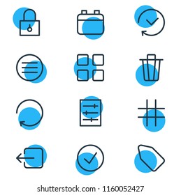 Vector illustration of 12 application icons line style. Editable set of refresh, grid, padlock and other icon elements.