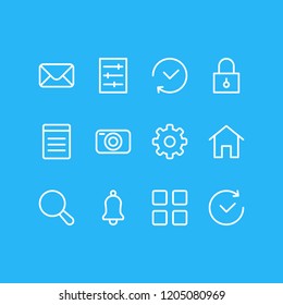 Vector illustration of 12 application icons line style. Editable set of search, history, thumbnails and other icon elements.