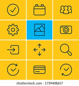 Vector illustration of 12 application icons line style. Editable set of camera, cog, user and other icon elements.