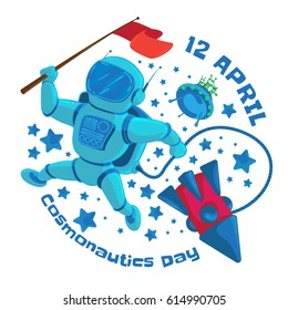 Vector illustration to 12 April Cosmonautics Day. An astronaut or cosmonaut with a red flag in outer space and flying rocket isolated on white background. Can be used for design your publications.