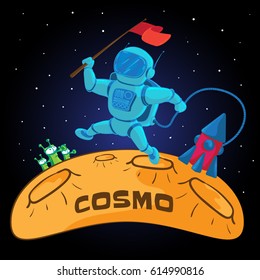 Vector illustration to 12 April Cosmonautics Day. An astronaut or cosmonaut sweeping on the surface of the moon with a red flag in outer space and flying rocket. 