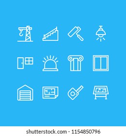 Vector illustration of 12 architecture icons line style. Editable set of column, window, crane and other icon elements.
