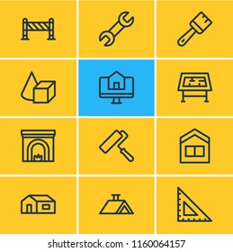 Vector illustration of 12 architecture icons line style. Editable set of wrench, barrier, painting and other icon elements.